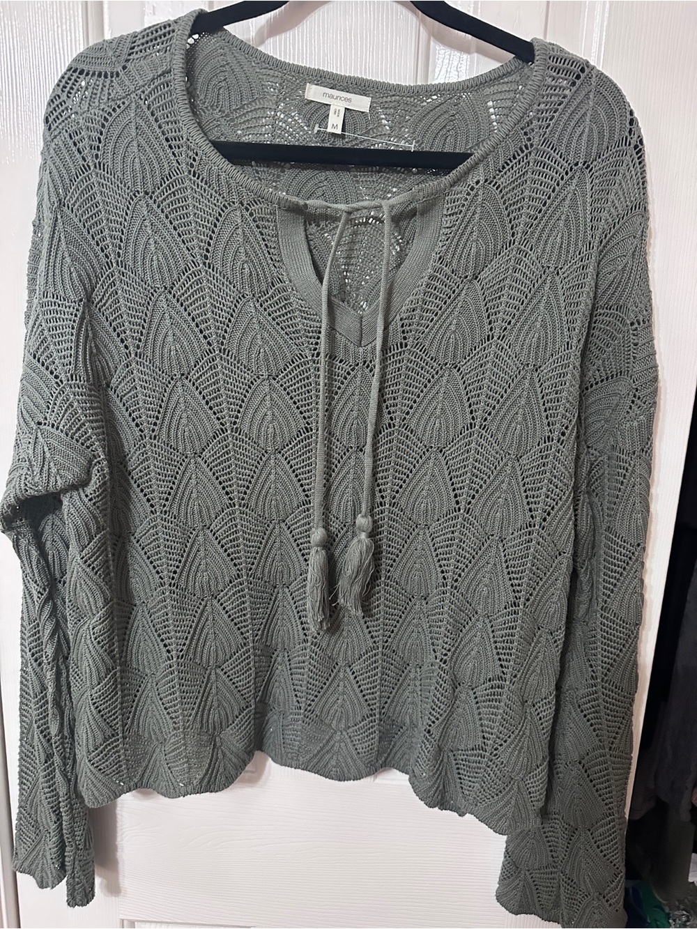 Maurices Olive Green Crochet Tie-Front Tunic Sweater